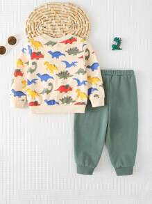 Cozy Pixies 男婴 2 件套卡通恐龙针织柔软圆领运动衫和慢跑裤套装 - 綠色 - 查看 2