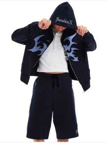 Manfinity Roghcode Men's Simple Print Hooded Sweatshirt And Shorts Set