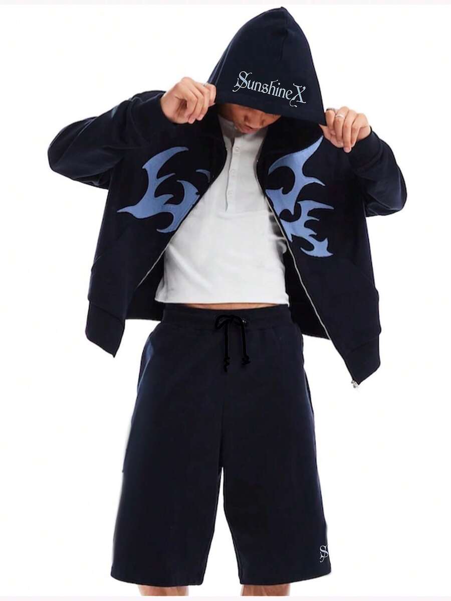 Manfinity Roghcode Men's Simple Print Hooded Sweatshirt And Shorts Set