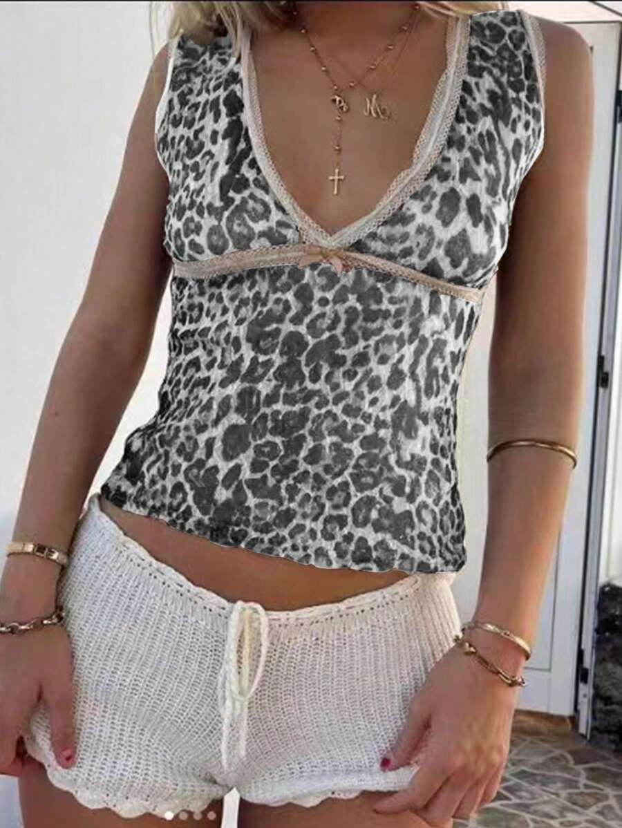 SHEIN EZwear 女士豹纹 V 领蕾丝撞色休闲背心 - 黑色 - 查看 1