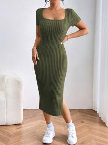 SHEIN PETITE Summer Casual Solid Short Sleeve Slit Bodycon Dress - Dark Green - View 5