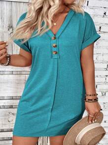 INAWLY Vestido de verano informal con cuello en V, ribete de volantes y botones delanteros para tallas grandes