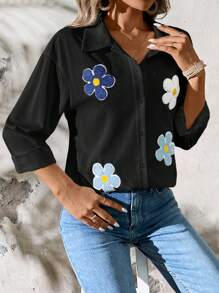 SHEIN LUNE Fashion Casual Loose White Floral Embroidered Long Sleeve Blouse, Sun-Protective For Women - Black - View 3