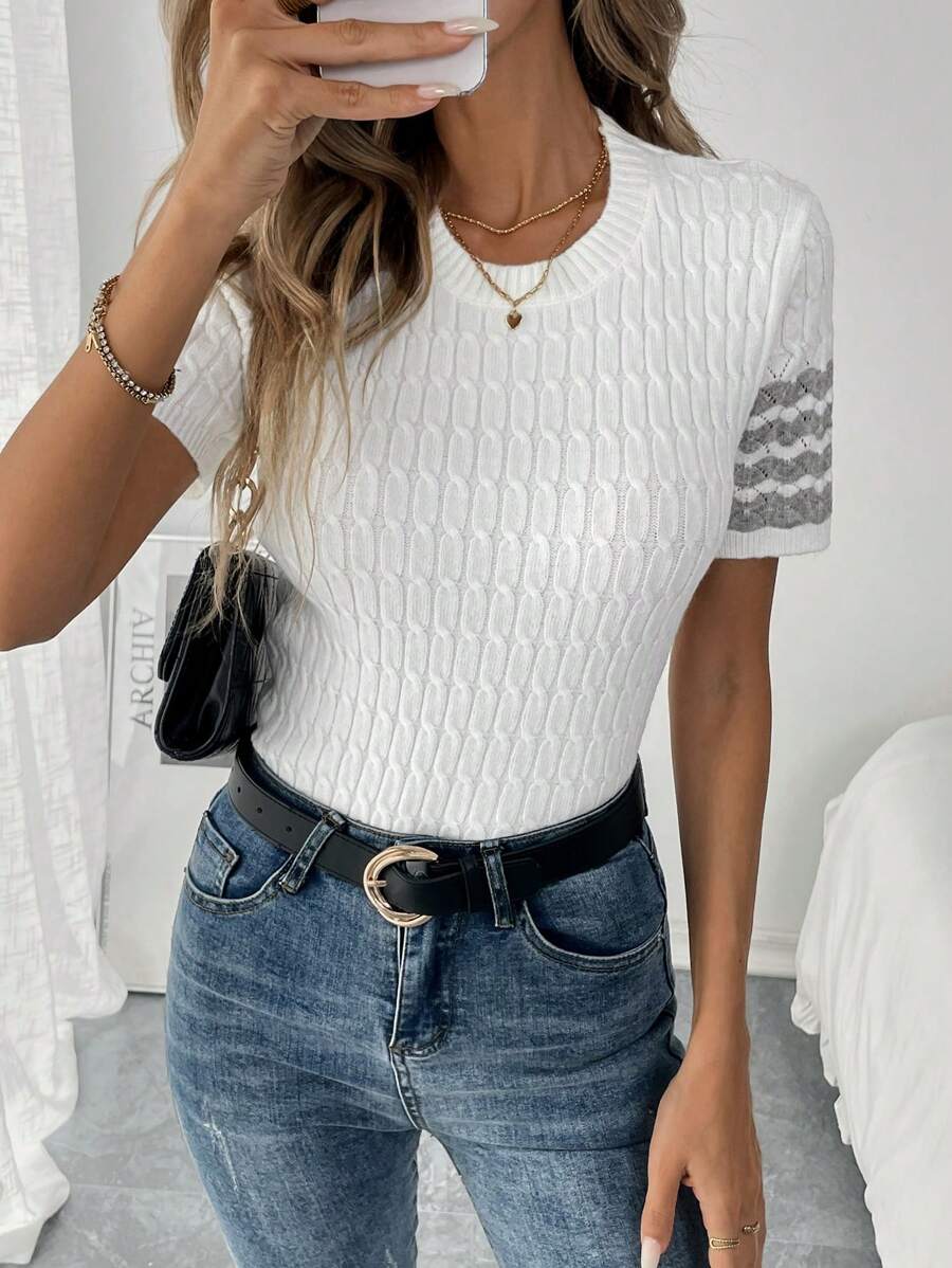 Chiquease Women's Colorblock Crew Neck Short Sleeve Knit Top - Beige - View 1