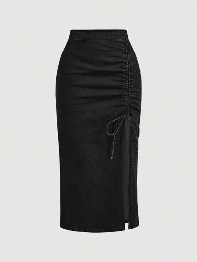 SHEIN MOD 女士纯色休闲抽绳牛仔半身裙