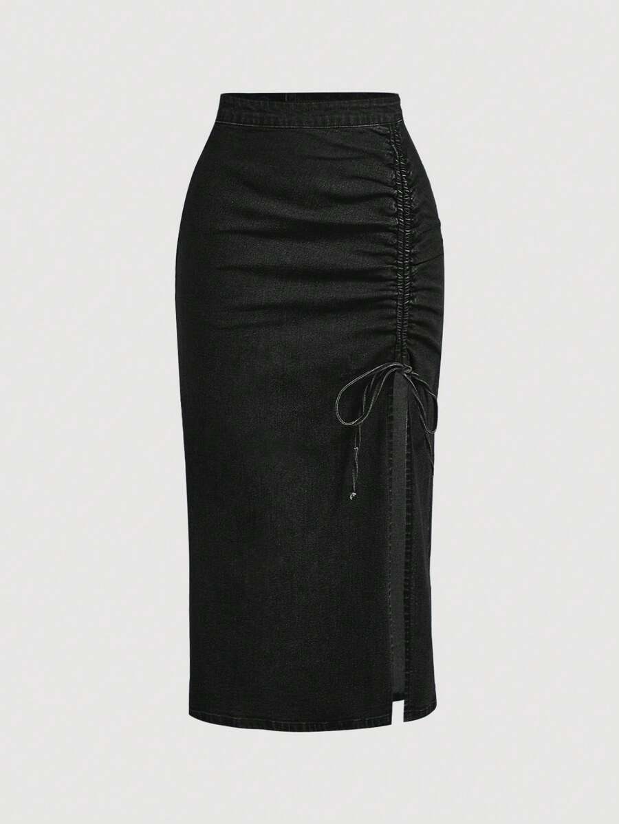 SHEIN MOD 女士纯色休闲抽绳牛仔半身裙 - 黑色 - 查看 1