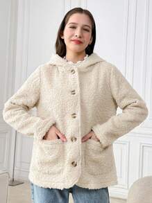 SHEIN 青少年女孩驼色加绒加厚连帽纽扣宽松休闲夹克 - 駝色 - 查看 3