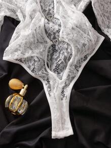 Women Sexy White Lace Cut Out Long Sleeve Lingerie Bodysuit Bridal Look, - White - View 8