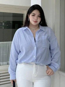 Dazy Plus 大码休闲条纹宽松 Polo 领衬衫 - 藍色 - 查看 8