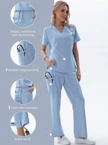 TaskEZ 1 套女士护士制服手术服套装，V 领哑光上衣（带 1 个口袋）+ 背部抽绳弹力哑光裤子（带 4 个口袋） - 淺藍色 - 查看 1