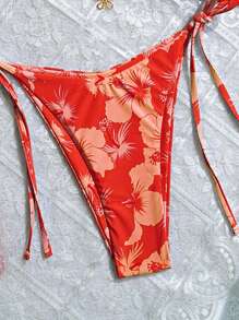 Swim Mod 2 件套花卉印花吊带性感比基尼泳装套装女士夏季海滩 - 紅色 - 查看 3