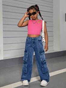 SHEIN Pantalones de carga de pierna recta de cintura alta con lavado de piedra y bolsillos con solapa utilitaria para niñas preadolescentes, conjunto de pantalones de otoño para niñas