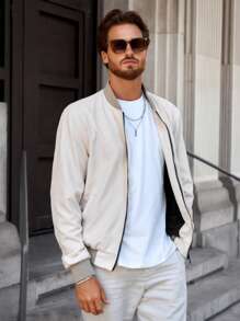 Manfinity Homme Men's Baseball Collar Zip-Up Fleece Jacket - Khaki - View 1