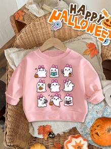 SHEIN 女婴可爱萌卡通鬼南瓜蝴蝶结针织厚柔软圆领宽松运动衫适合万圣节、秋季和冬季 - 粉色 - 查看 1