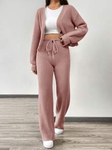 SHEIN EZwear 秋冬女士休闲纯色长袖针织开衫2件套毛衣套装 - 粉色 - 查看 3