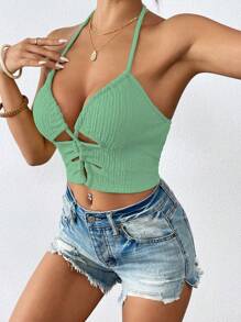 Breezaya Solid Color Halter Neck Hollow Back Sleeveless Top