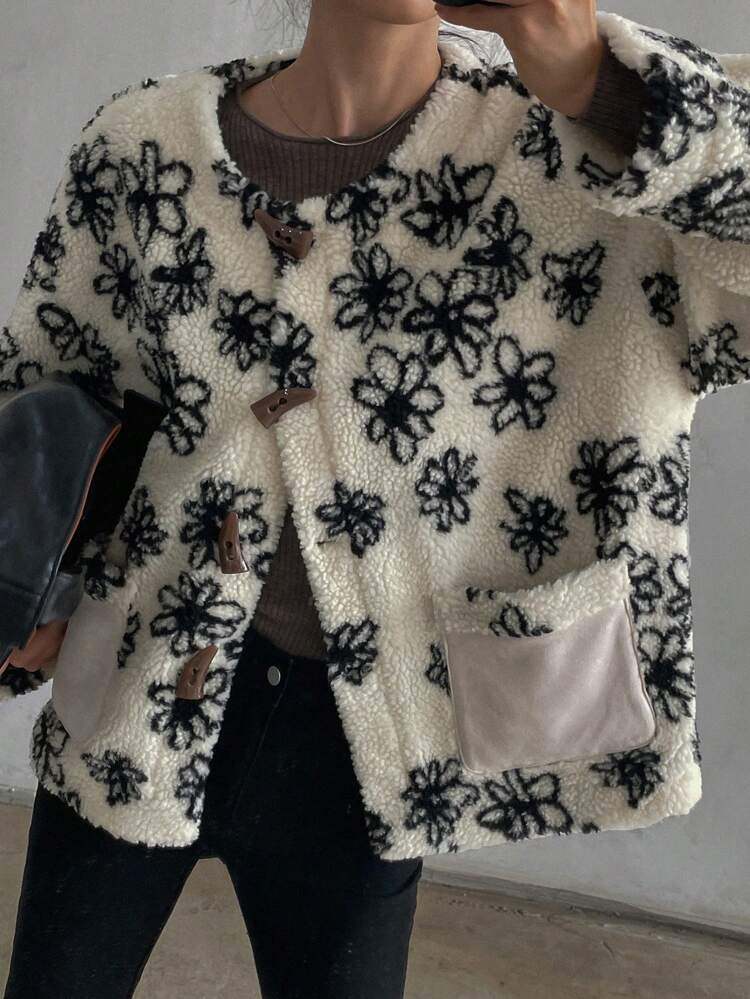 Women's Pattern Crew Neck Faux Thermal Lined Thicken Regular Jacket, Winter, Fall Women Clothes, Thermal Lined Women Coats