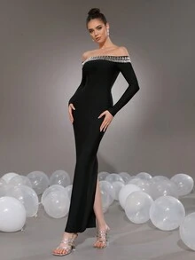 Modphy Đầm Maxi Bodycon hở vai màu đen dài tay gợi cảm cổ chữ V đính kim cương pha lê, Đầm dự tiệc tối trang trọng cho nữ, Đầm dự tiệc cưới - màu đen - Xem 7