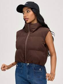 SHEIN BASICS Áo vest dáng rộng cổ đứng dệt trơn màu giản dị cho nữ - Cà phê nâu - Xem 4
