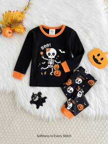 Cozy Pixies 2 piezas Conjunto de pijama niña bebé con parte superior de manga larga con cuello redondo y estampado de letra en contraste y pantalón largo, Halloween