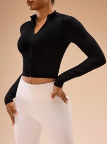SHEIN Sports 女士纯色拉链领长袖合身无缝运动夹克 - 黑色 - 查看 6
