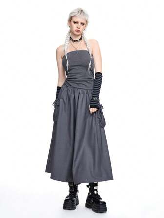 Grunge Punk Vestido de concierto para mujer de estilo francés casual, elegante, romántico y sexy, con diseño ajustado estilo bandeau y corte evasé midi