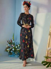 ISELACOS Frida Kahlo X SHEIN X Designer Contrast Lace Butterfly Print Long Dress, Holiday, Party, Thanksgiving, Birthday Outfits, Spring, Festival - Black - View 6