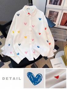 SHEIN Blusa blanca de manga larga con botones, estampado de corazones coloridos y cuello camisero, informal y holgada para niña preadolescente - Blanco - Ver 10