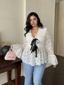 SHEIN Unity Áo len cardigan họa tiết thường ngày cổ chữ V dài tay loe có nơ trang trí cỡ lớn - trắng - Xem 4