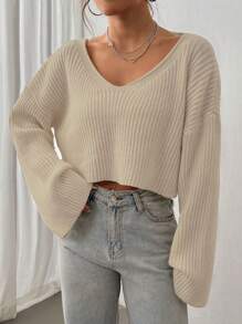 SHEIN Unity Women's Oversized V-Neck Textured Knit Casual Sweater, Autumn/Winter,Long Sleeve Tops, Knit Pullover Fall - Apricot - View 6