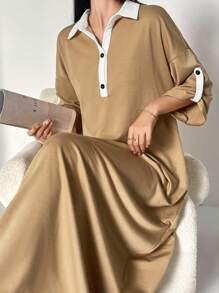 Al Najma Women's Contrast Color Polo Collar Cuffed Sleeve Casual Straight Modest Dress, Casual Sporty For Casual Daily/Work/Back To School, Maxi Length Arabian Dresses - Multicolor - View 5