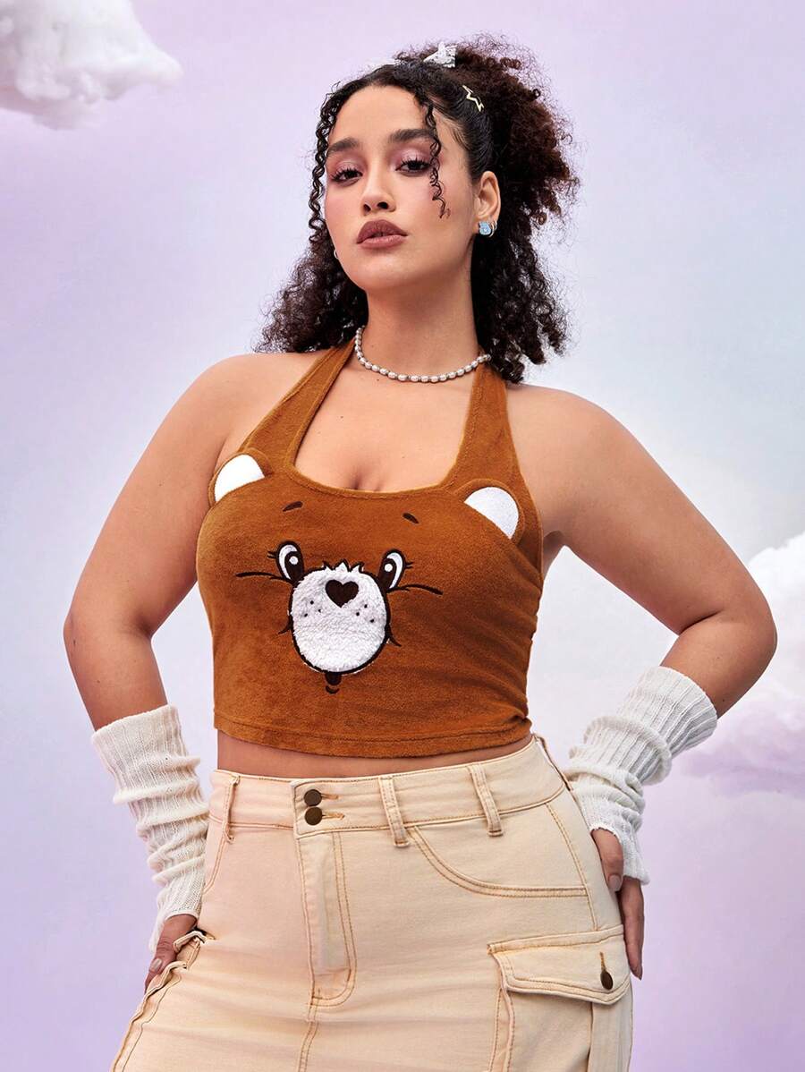 SHEIN X Care Bears Áo hở vai thêu tai gấu 3D dễ thương cỡ lớn cho nữ, Halloween mùa thu - màu nâu - Xem 1