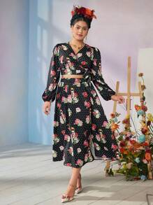 Frida Kahlo X SHEIN Plus Size Elegant Sexy Basic Black Floral & Figure Graphic Artistic Polka Dot Print Blouse & Split Midi Skirt 2-Piece Set, Autumn/Winter