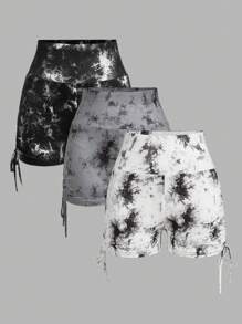 SHEIN EZwear 3pcs Set: Ruched Side Drawstring Tie-Dye Pattern Fitted Cropped Leggings, Spring/Summer - Multicolor - View 1