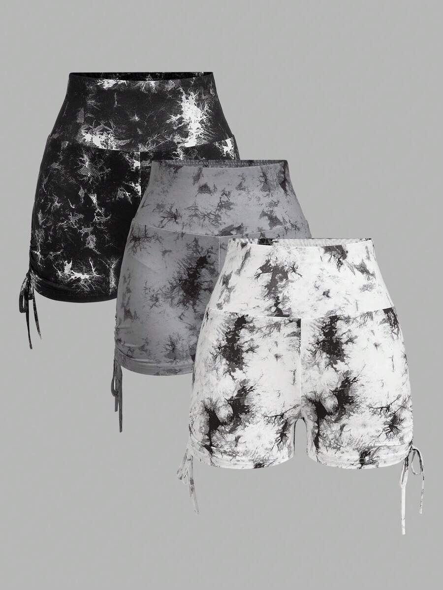 SHEIN EZwear 3pcs Set: Ruched Side Drawstring Tie-Dye Pattern Fitted Cropped Leggings, Spring/Summer - Multicolor - View 1