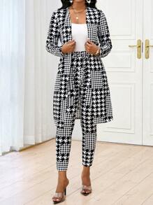 SHEIN Lady 2 件套女士全身印花长袖夹克和抽绳裤优雅套装