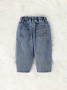 Cozy Pixies Jeans casuales básicos azules de bebe niño con diseño lindo y bajo dividido, ropa interior/exterior para bebé niños en otoño - Azul lavado medio - Ver 2