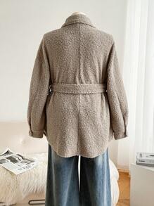 SHEIN Frenchy Plus Size Women's Cinched Waist Arc Hem Jacket With Bow Tie Belt - Coffee Brown - View 2