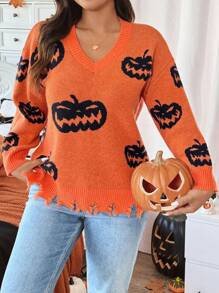 Calvaya Plus Size V-Neck Long Sleeve Pumpkin Print Loose Pullover Sweater Knit Pullover Fall Winter Outfit Autumn