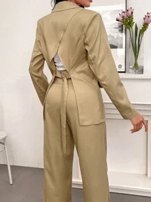 Modelyn Women's Solid Color Button Front Long Sleeve Fake Pocket Lapel Blazer Fall Cloth For Women - Khaki - View 4