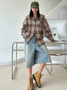 DAZY Women's Spring & Summer Plaid Pocket Loose Long Sleeve Blouse