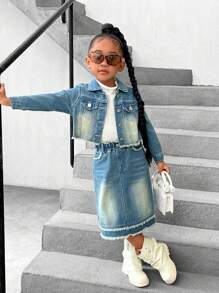 Girls' Distressed Denim Jacket And Skirt 2-Piece Set - Medium Wash - View 7