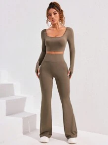 SHEIN Sport Studio Women Solid Color Crew Neck Long Sleeve Top And Flared Leg Pants & Set, Fall Two Pieces Outfit Workout Women Set Women Leggings Set