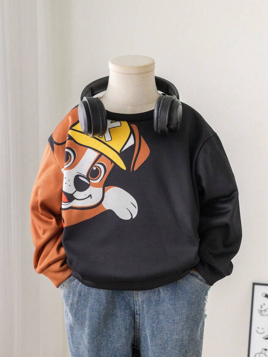 SHEIN Leap Crew Áo nỉ cổ tròn dáng rộng thoải mái in hình chú cún dễ thương dành cho bé trai, đa năng cho Halloween, đi chơi, đi học, tụ họp và mùa thu/đông. - Nhiều màu - Xem 1