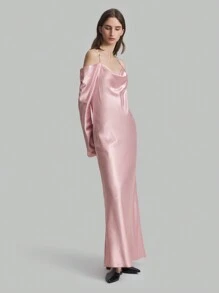 Ontre Elegant Fitted Off Shoulder Bell Sleeve Fish Tail Silk Party Dress, Pink Pastel Dress