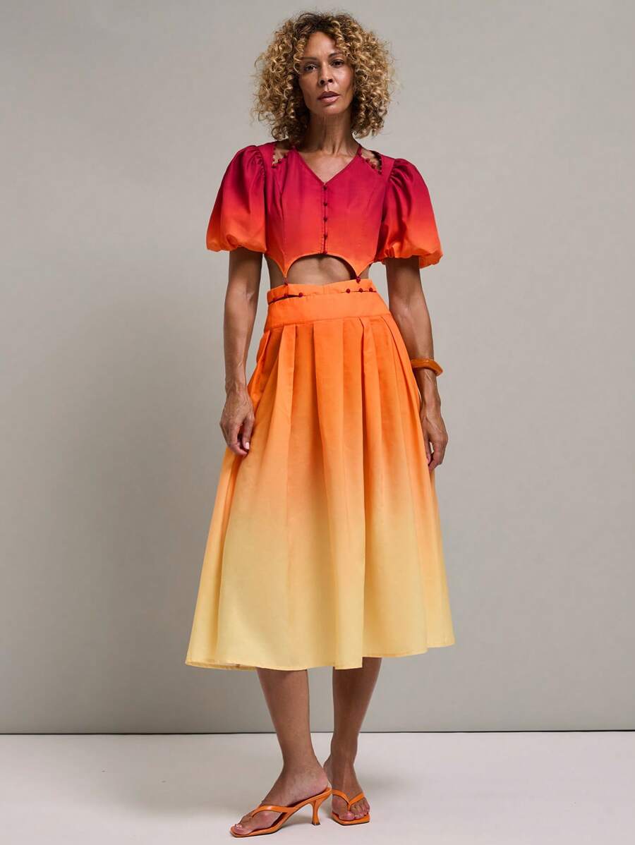 SHEIN Unity 2 件女式前扣渐变色衬衫和百褶裙休闲套装 - 彩色 - 查看 1