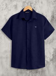 RueChic 100% Cotton Men Embriodery Short Sleeve Regular Shirt & Pants Two-Piece - Navy Blue - View 7