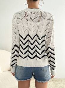 SHEIN LUNE Women's Spring/Autumn Casual Colorblock Striped Hollow-Out Knitted Cardigan - White - View 2