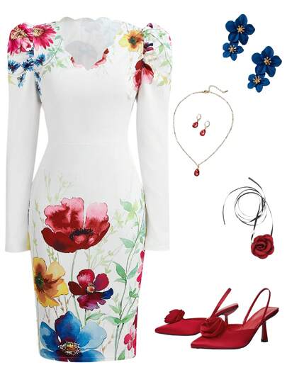 SHEIN Clasi Women's Floral Print Gigot Sleeve Scalloped Hem White Midi Dress  Fall Wedding Guest Dress Fall Clothes