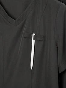 TaskEZ Solid V-Neck Pocket Tee And Tie-Waist Pants Uniform Scrub Set - Grey - View 4